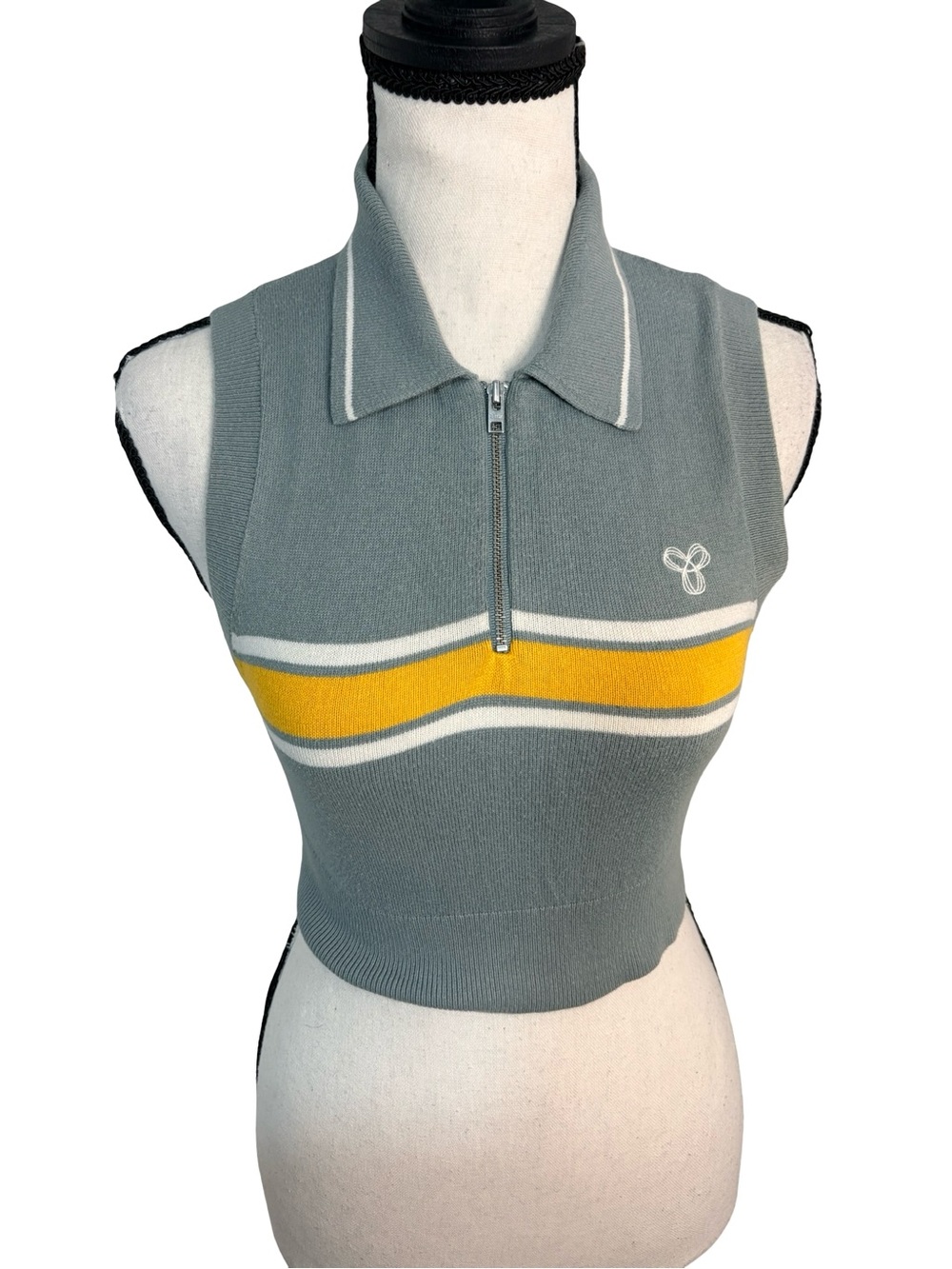 Aritzia Tna Sage Green Striped Knit Zip Polo Crop Tank 2XS